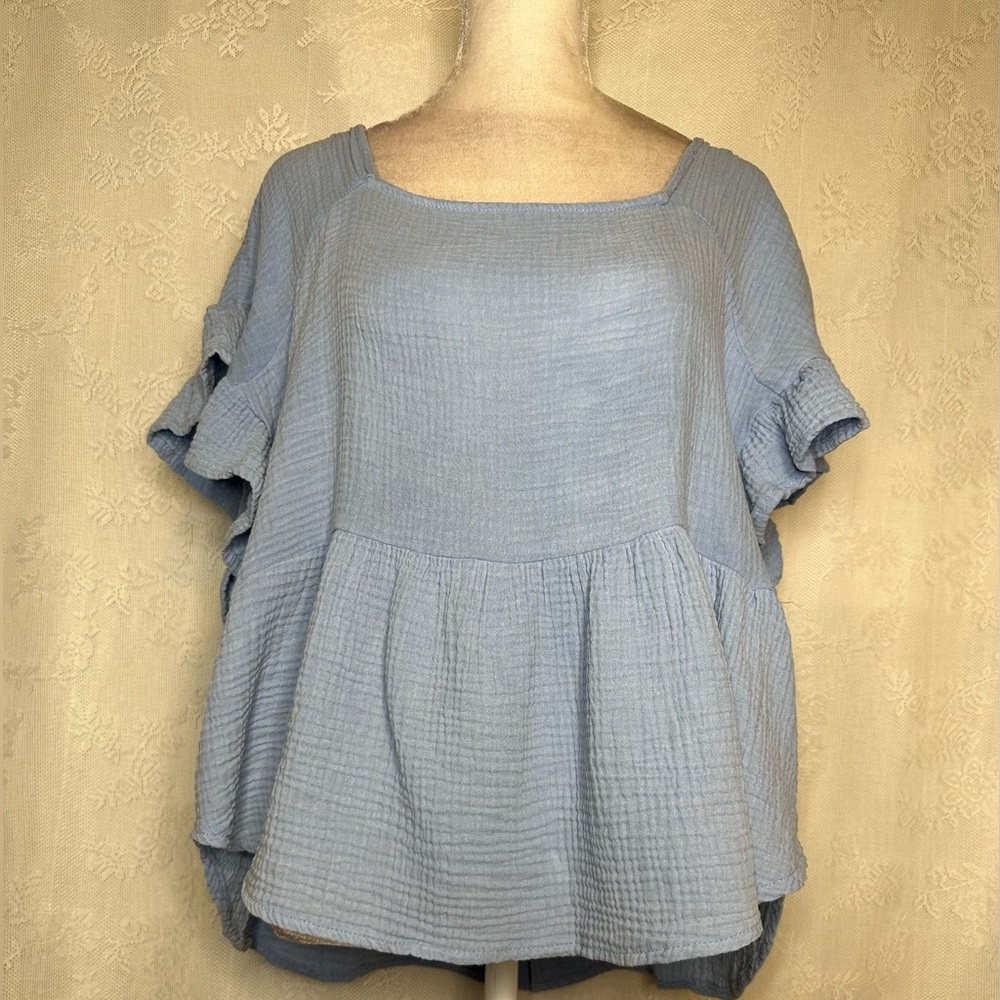 Blue Ruffled Short Sleeve Blouse